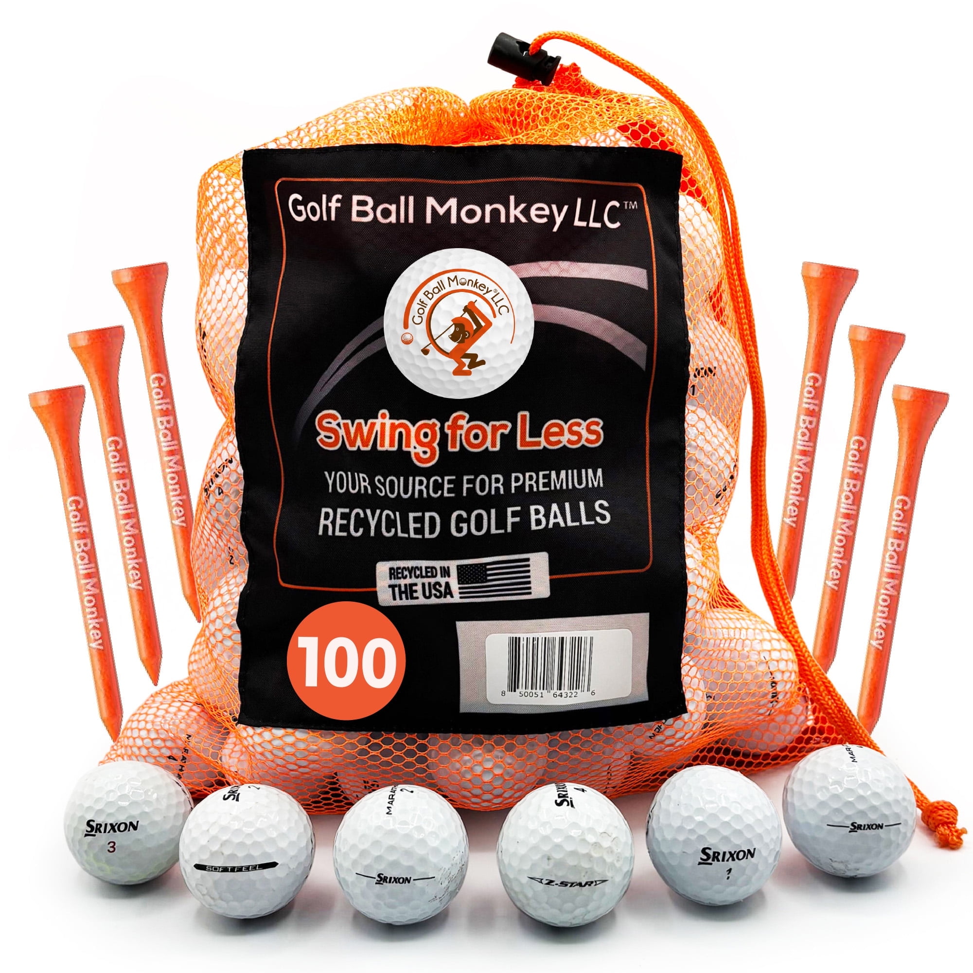Golf Ball Monkey Cheap Recycled Golf Balls for Srixon Mix White 100 Pk Good Condition  Z Star, Soft Feel,  Q Star & Marathon Golf Balls w/ 15 Tees and Mesh Bag