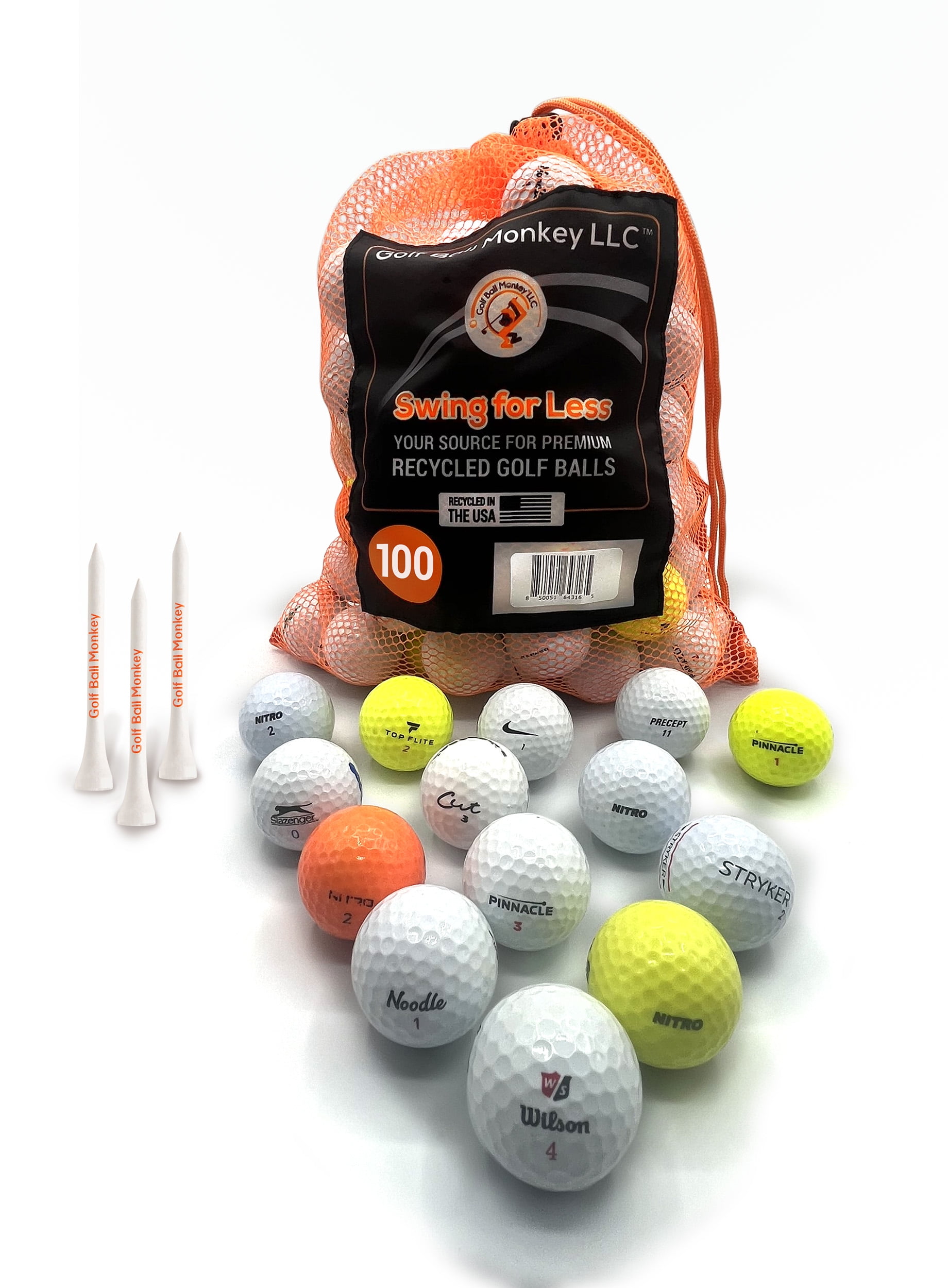 Golf Ball Monkey  Cheap Value Line Series  Golf Balls 100 Pack - 4A Golf Balls Recycled Near Mint Golf Balls  w/ 15 Tees and Mesh Carrying Bag