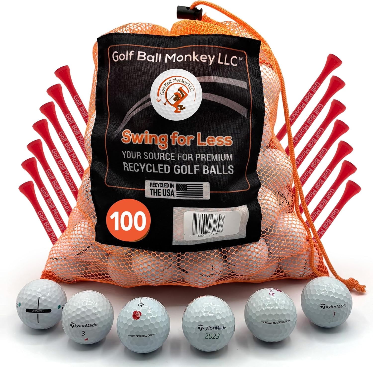 Golf Ball Monkey Recycled Taylormade Golf Balls Bulk Mix 100 w/ 15 Tees &MeshBag 4A/ Near Mint Taylormade TP5, TP5X, Speed Soft, Distance+, ProjectA, RBZ, Tour Response Golf Balls TaylorMade & More