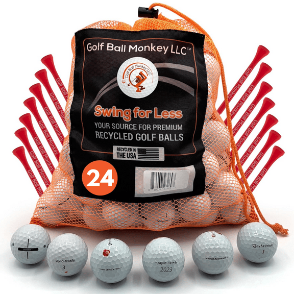 Golf Ball Monkey Recycled Taylormade Golf Balls Bulk Mix 24 Pk w/ 15 Tees &MeshBag 4A/ Near Mint Taylormade TP5, TP5X, Speed Soft, Distance+, ProjectA, RBZ, Tour Response Golf Balls TaylorMade & More