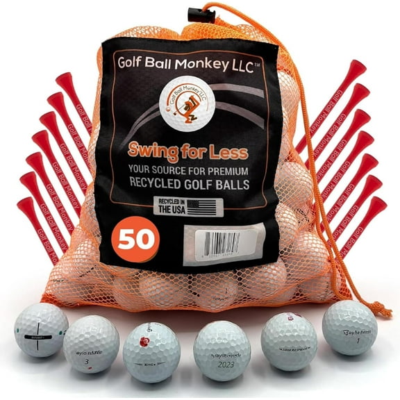 Golf Ball Monkey Recycled Taylormade Golf Balls Bulk Mix 50 Pk w/ 15 Tees &MeshBag 4A/ Near Mint Taylormade TP5, TP5X, Speed Soft, Distance+, ProjectA, RBZ, Tour Response Golf Balls TaylorMade & More