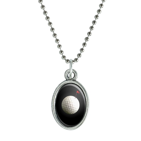Golf Ball Moon Flag Golfing Antiqued Oval Charm Pendant with Chain