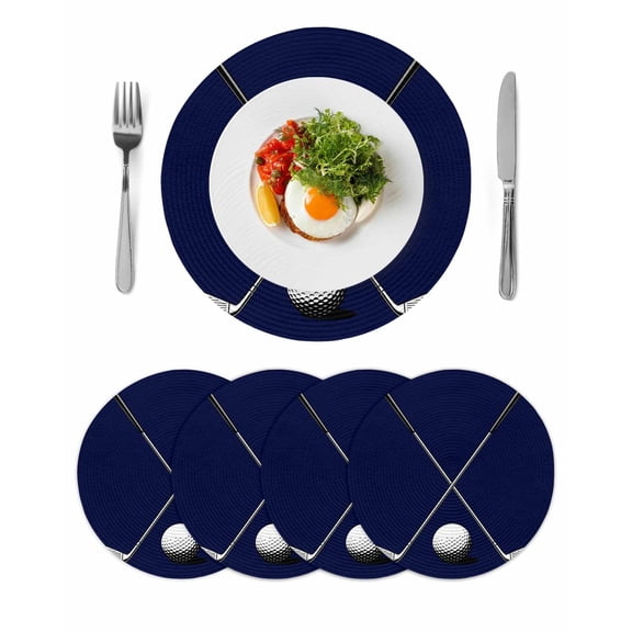 Golf Ball Round 13 Inch Placemats Set of 4, Navy Blue Monochrome Sport HeatResistant Non Slip Place Mats for Dining Table, Wipeable Braided Kitchen Table Mats for Housewarming