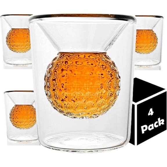 Golf Ball Shot Glass Set - 2 oz Double-Walled Borosilicate, Handcrafted Golf Ball Design - Unique Whiskey Shot Glasses for Men, Fun Tequila Vodka Drinking Gift - Memorable Gift - 4 Pack