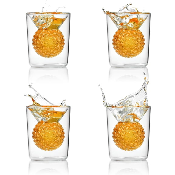 Golf Ball Shot Glasses Set of 4, Funny Handmade Birthday Gifts for Men and Women - 2oz Double Walled with 3D Shape Golf Ball Inside, Tequila, Whiskey, Cocktail Presents for Golfer