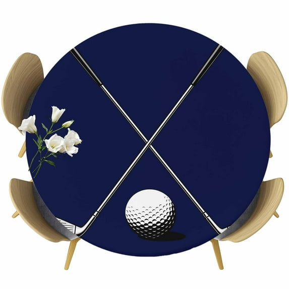 Golf Ball Table Cloth, Round Fitted Tablecloths with Elastic Edge, Navy Blue Monochrome Sport Wipeable Waterproof Table Cover for Kitchen Wedding 55-60 Inches