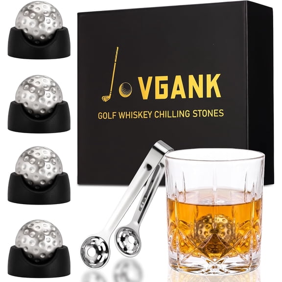 Golf Ball Whiskey Chilling Stones Set of 4 - Men's Golfer Gifts, Stainless Steel Reusable Ice Cubes, Metal Ice Balls for Scotch, Bourbon, Unique Fathers Day Birthday Gifts for Dad Him Husband
