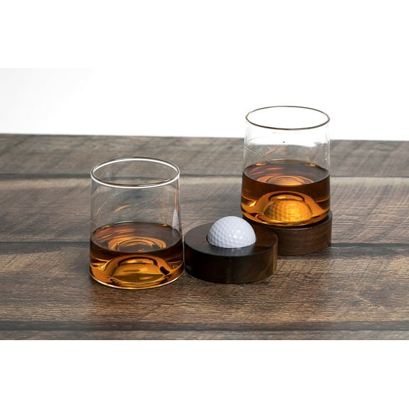 Golf Ball Whiskey Glasses w/ Real Golf Ball in Coaster (Set of 2) | Patent Pending | Unique & funny gift for men and women golfer | A Great holiday, birthday, office, & wedding gift for any occasion