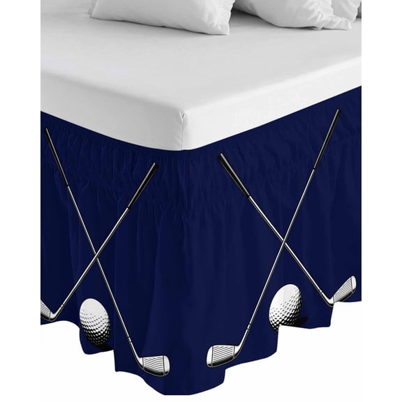 Golf Ball Wrap Around Bed Skirts for Queen Bed 18" Drop, Bed Skirt with Adjustable Elastic Belt Dust Ruffle Bed Valance for Bedroom Hotel Luxury Navy Blue Monochrome Sport Bed Frame Cover