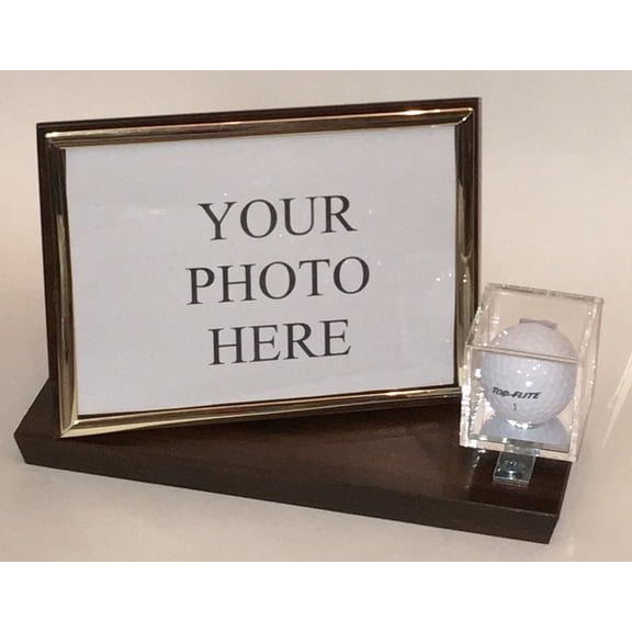 Golf Ball and 5x7 Photo Personalized Horizontal Desktop Display Case - Cherry Finish Wood Base and Gold Frame