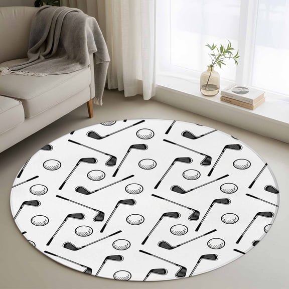 Golf Balls 3FT Round Area Rugs Retro Sports Style Golf Poles Minimalist Modern Soft Small Round Rug Non-Slip, Ultra-Thin Indoor Circle Carpet for Bedroom Entryway Kitchen Bathroom