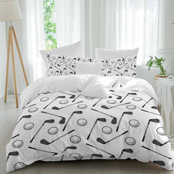 Golf Balls Comforter Set Full Size, Retro Sports Style Golf Poles Minimalist Modern Soft Bedding Set for Man Woman, 4 Pieces Duvet Cover Set with Fitted Sheet, 2 Pillowcases