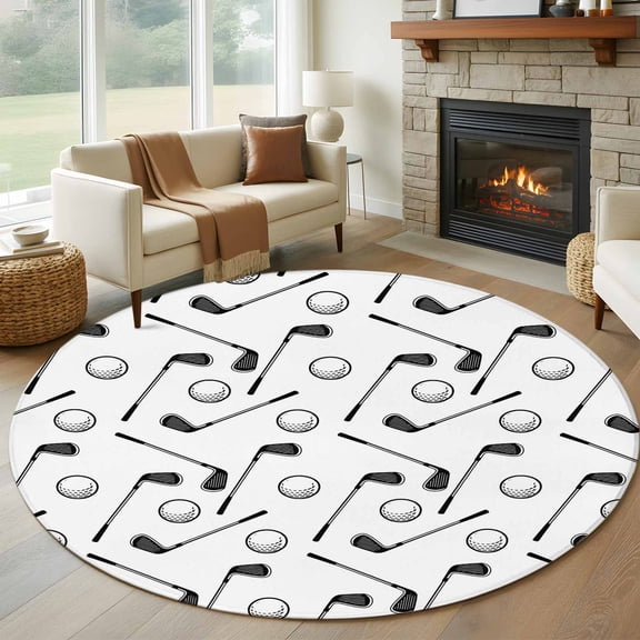 Golf Balls Round Rugs for Living Room 5ft Retro Sports Style Golf Poles Minimalist Modern Non Slip Circle Rug Washable Low-Profile Indoor Carpet for Bedroom, Dining Room, Bathroom