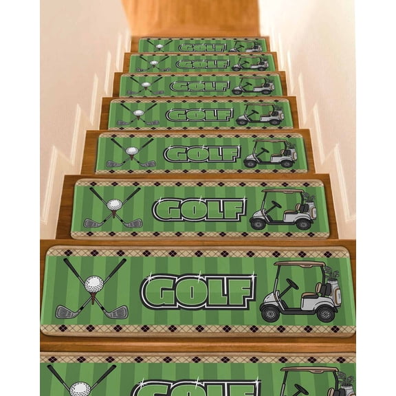 Golf Balls Stair Treads for Wooden Steps Indoor Runner Rug Carpet, Green Sports Art Truck Brown Lattice 15 Pieces Peel and Stick Staircase Step Treads Covers Washable Throw Door Mats, 30"x8"