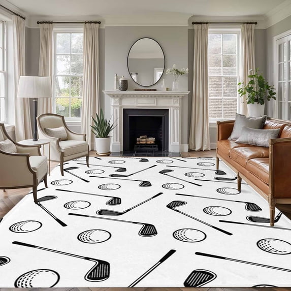 Golf Balls Washable Living Room Rugs 6'x9', Retro Sports Style Golf Poles Minimalist Modern Low Pile Throw Large Area Rug Non-Slip Sturdy Edge Binding Carpet for Dining Room Kitchen Office
