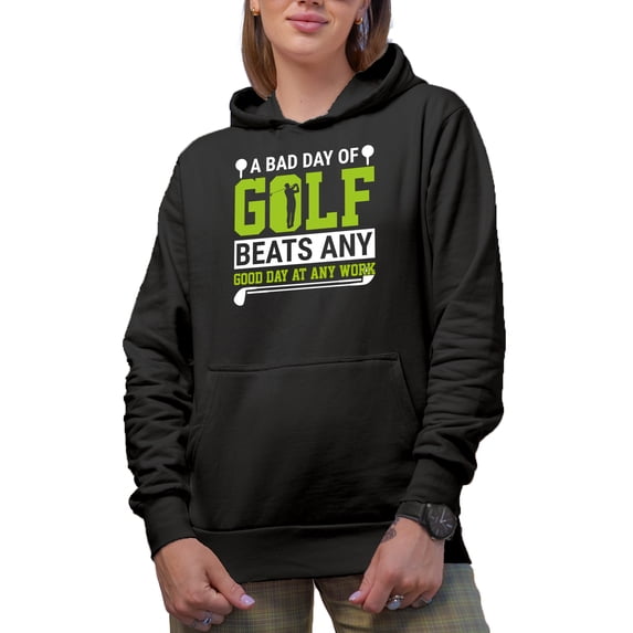 Golf Beats Work Quote with Balls, Clubs & a Swinging Golf Player, Golfing or Golfer Themed Merch Gift, Black Hooded Sweatshirt or Hoodie, Medium