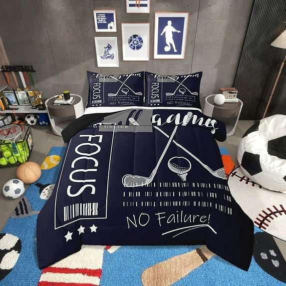 Golf Bedding Set Twin Size Sports Themed Comforter Sets,Dark Blue White Golf Down Comforter Ball Gaming Quilt Bed Set Golf Bedroom Decor with 1 Pillowcase