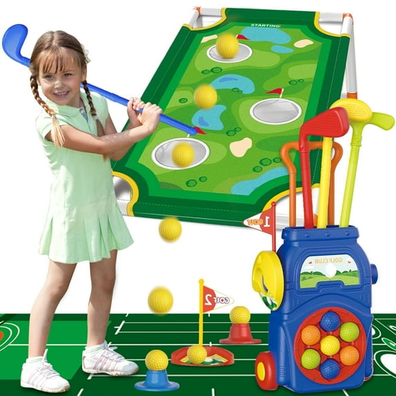 BEWOS Kids' Golf Toy Set includes a golf cart, golf board, putting mat, 4 toddler golf clubs, and 10 golf balls. Suitable for indoor and outdoor play, this engaging sports toy is designed for childre