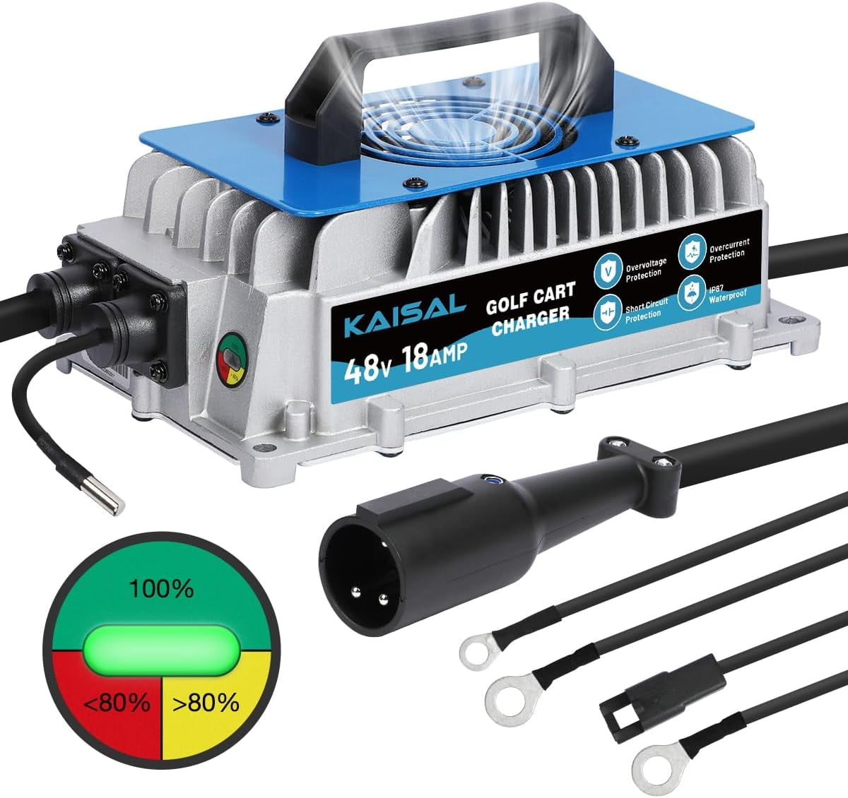 Golf Cart Battery Charger 48V 18A Smart 1250W Club Car Charger, IP67 Waterproof, 4-6 hrs Full Charge, 16FT Cable