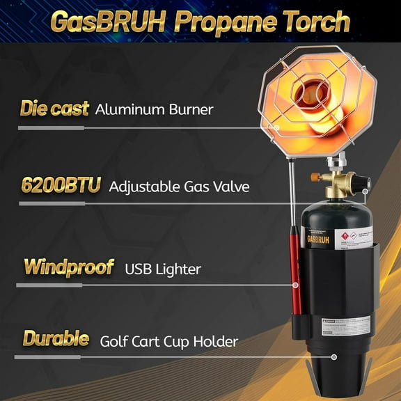 Golf Cart with Cup Holder-Control Valve,Portable 6200BTU Outdoor Propane with Windproof USB Lighter, compatible for Most Golf Cart EZGO, Yamaha& Club Car ( Not included)