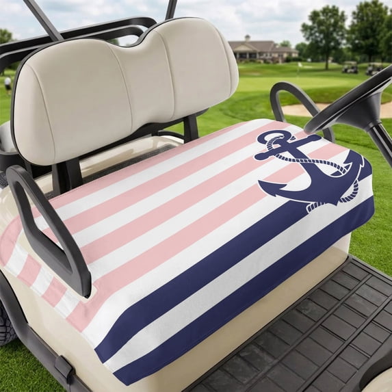 Golf Cart Seat Covers for 2 Seater,Anchor Pink Microfiber Cart Seat Towel Blanket,Modern Navy Blue White Striped Nautical Absorbent Breathable Non Slip Bench Seats Protector for Golf Course 51"x31"