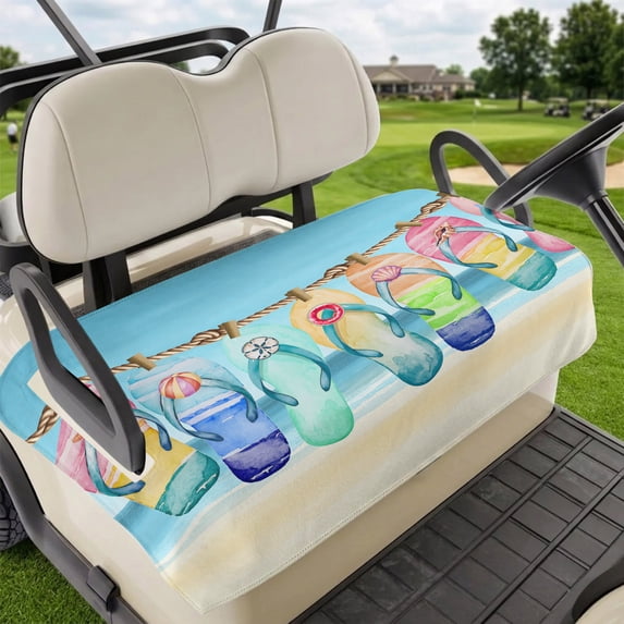 Golf Cart Seat Covers for 2 Seater, Beach Slippers Soft Microfiber Cart Seat Towel Blanket, Blue Summer Ocean Coastal Shell Absorbent Breathable Non Slip Bench Seats Protector for Golf Course 51"x31"