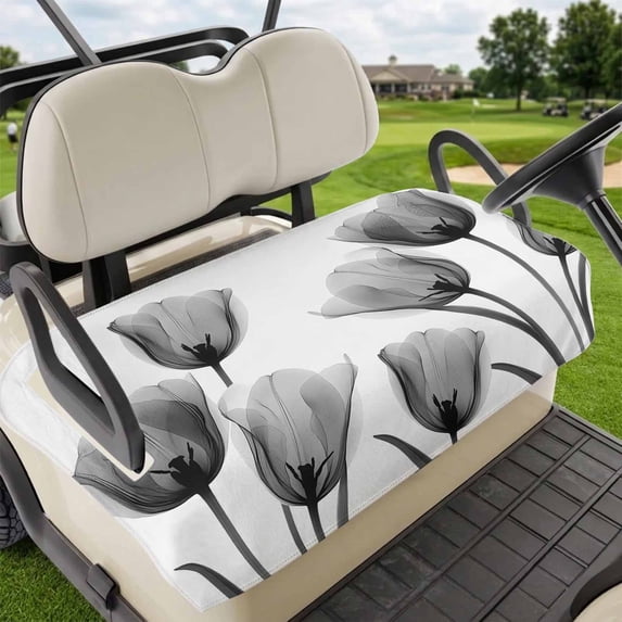 Golf Cart Seat Covers for 2 Seater,Black White Tulip Microfiber Cart Seat Towel Blanket,Spring Greyscale Leaf Flower Plant Absorbent Breathable Non Slip Bench Seats Protector for Golf Course 51"x31"