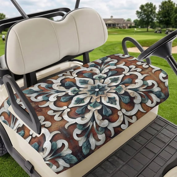 Golf Cart Seat Covers for 2 Seater, Brown Teal Boho Soft Microfiber Cart Seat Towel Blanket, Ethnic Rustic Abstract Flowers Absorbent Breathable Non Slip Bench Seats Protector for Golf Course 51"x31"