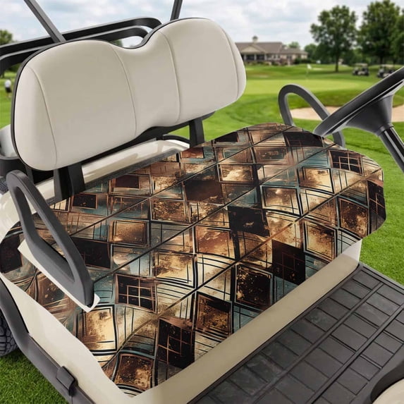 Golf Cart Seat Covers for 2 Seater,Brown Teal Geometric Microfiber Cart Seat Towel Blanket,Retro Modern Plaid Abstract Art Absorbent Breathable Non Slip Bench Seats Protector for Golf Course 51"x31"