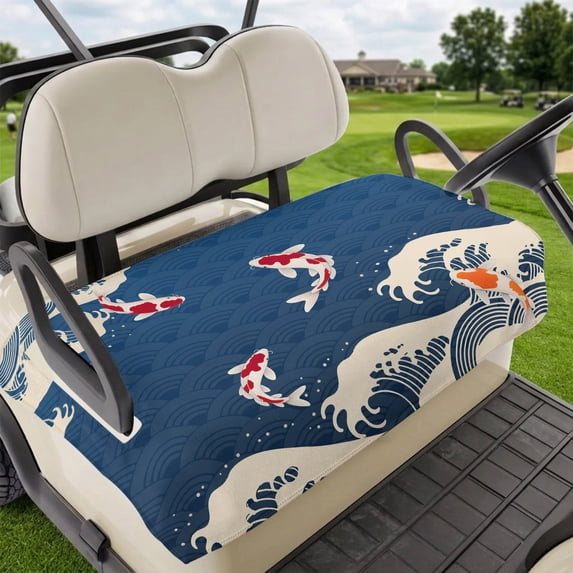 Golf Cart Seat Covers for 2 Seater, Coastal Wave Soft Microfiber Cart Seat Towel Blanket, Japanese Style Ocean Fish Blue Absorbent Breathable Non Slip Bench Seats Protector for Golf Course 51"x31"