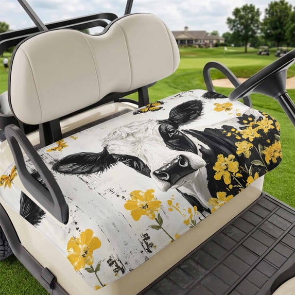 Golf Cart Seat Covers for 2 Seater,Farmhouse Cow Microfiber Cart Seat Towel Blanket,Spring Pastoral Yellow Floral Vintage Absorbent Breathable Non Slip Bench Seats Protector for Golf Course 51"x31"