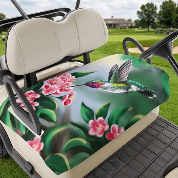 Golf Cart Seat Covers for 2 Seater,Green Hummingbird Soft Microfiber Cart Seat Towel Blanket,Spring Summer Pink Flower Leaf Absorbent Breathable Non Slip Bench Seats Protector for Golf Course 51"x31"