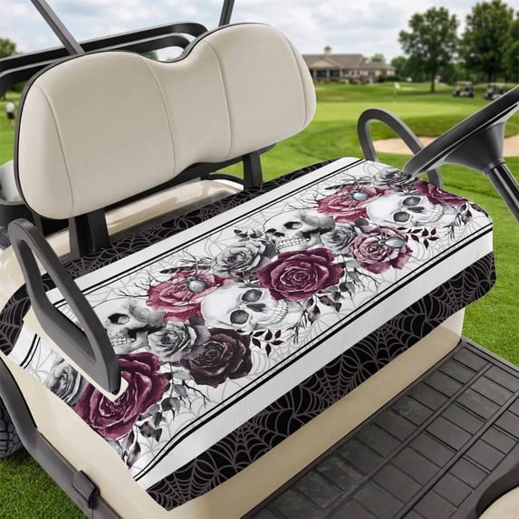 Golf Cart Seat Covers for 2 Seater,Halloween Soft Microfiber Cart Seat Towel Blanket,Black Purple Skull Roses Horror Flower Absorbent Breathable Non Slip Bench Seats Protector for Golf Course 51"x31"