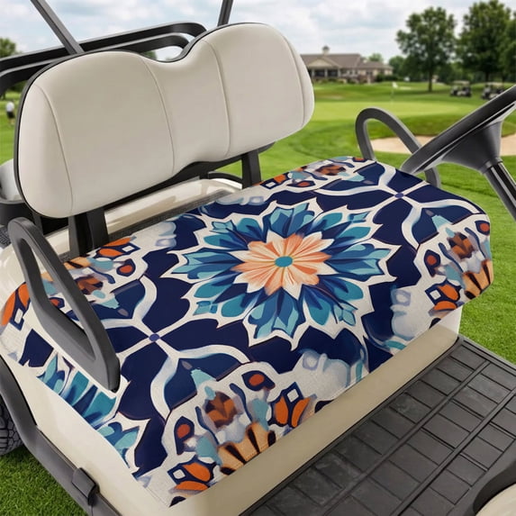 Golf Cart Seat Covers for 2 Seater,Orange Blue Microfiber Cart Seat Towel Blanket,Morocco Boho Abstract Floral Ethnic Tribal Absorbent Breathable NonSlip Bench Seats Protector for Golf Course 51"x31"