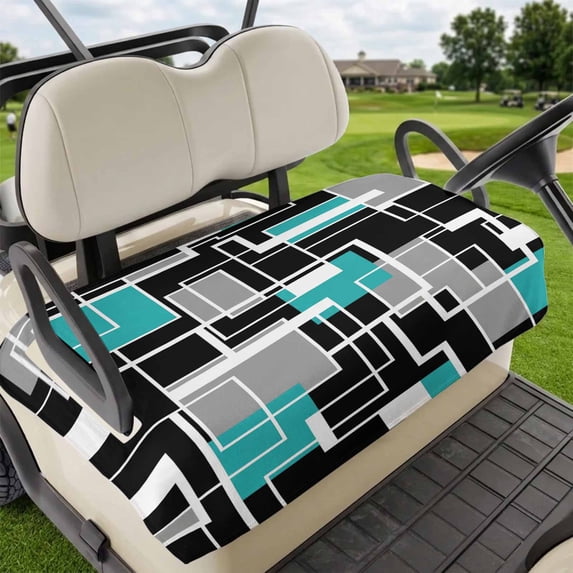 Golf Cart Seat Covers for 2 Seater,Teal Blue Black Geometric Microfiber Cart Seat Towel Blanket,Modern Abstract Art Block Absorbent Breathable Non Slip Bench Seats Protector for Golf Course 51"x31"