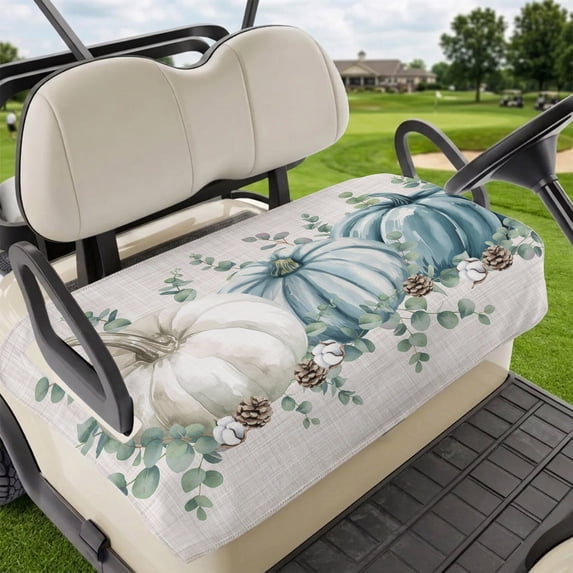 Golf Cart Seat Covers for 2 Seater,Teal Grey Pumpkins Fall Microfiber Cart Seat Towel Blanket,Thanksgiving Eucalyptus Leaves Rustic Absorbent NonSlip Bench Seats Protector for Golf Course 51"x31"