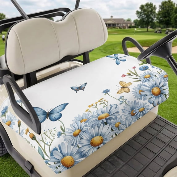 Golf Cart Seat Covers for 2 Seater,White Daisy Blossom Microfiber Cart Seat Towel Blanket,Spring Graden Floral Butterflies Absorbent Breathable Non Slip Bench Seats Protector for Golf Course 51"x31"