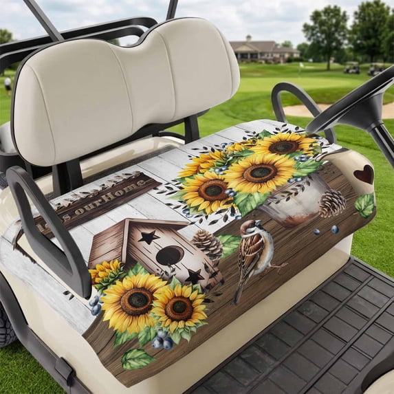 Golf Cart Seat Covers for 2 Seater,Yellow Sunflowers Microfiber Cart Seat Towel Blanket,Western Star Farmhouse White Wooden Absorbent Breathable Non Slip Bench Seats Protector for Golf Course 51"x31"