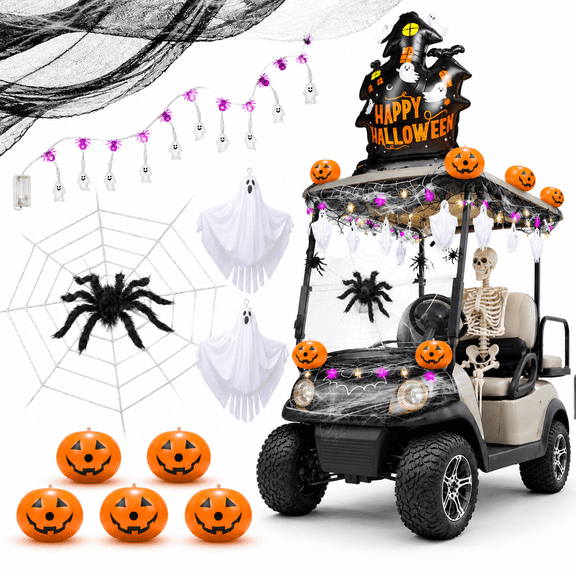 Golf Cart Spooky Party Decoration Kit with Ghosts, Webs, Balloons and Lights