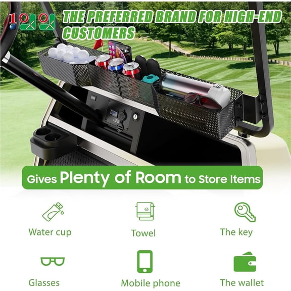 Golf Cart Storage Basket - Heavy Duty Front Dash Organizer for EZGO TXT/RXV & Club Car /Precedent - Steel Metal Utility Tray with 4 Secure Compartments (Drilling Required)