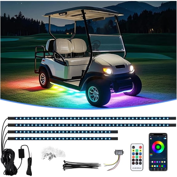 Golf Cart Underbody Lights 4 count, 12V - 80V Input Golf Cart Underglow Light Kit APP Control Dream Colors for EZGO Club Yamaha, Music Mic Sync Modes (Included Reducer)