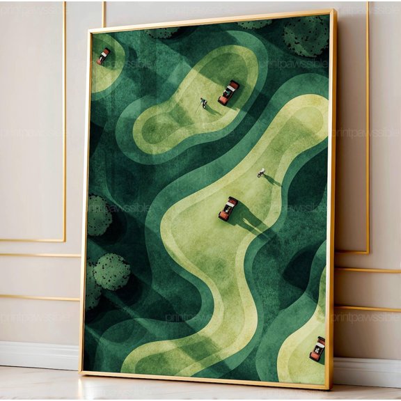 Golf Cart Wall Art Print, Tiny Golfers Green Course Decor