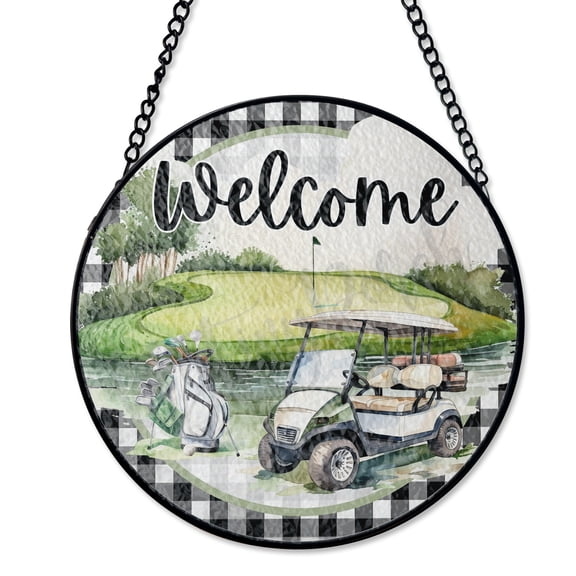 Golf Cart Welcome Sport Stained Glass Suncatcher UV Printed Glass, Golfer Hobby Retirement Gift, Round