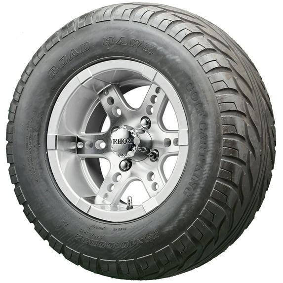 Golf Cart Wheels and Tires Combo - 12" RHOX RX251 Machined/Silver - Set of 4