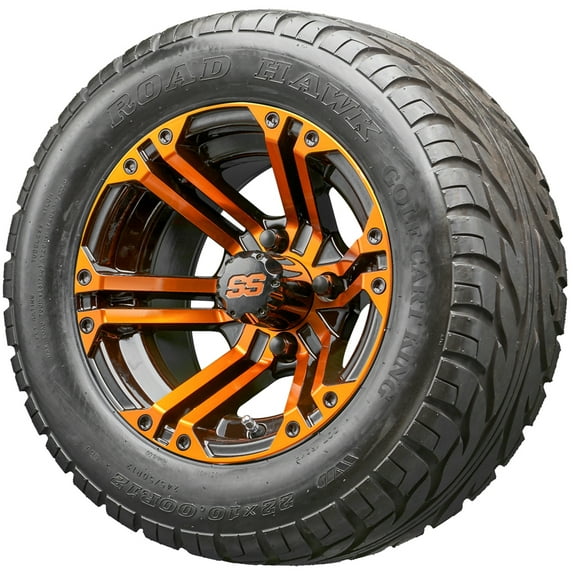 Golf Cart Wheels and Tires Combo - 12" RHOX RX334 Black and Orange - Set of 4