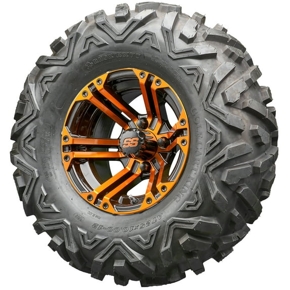 Golf Cart Wheels and Tires Combo - 12" RHOX RX334 Black and Orange - Set of 4