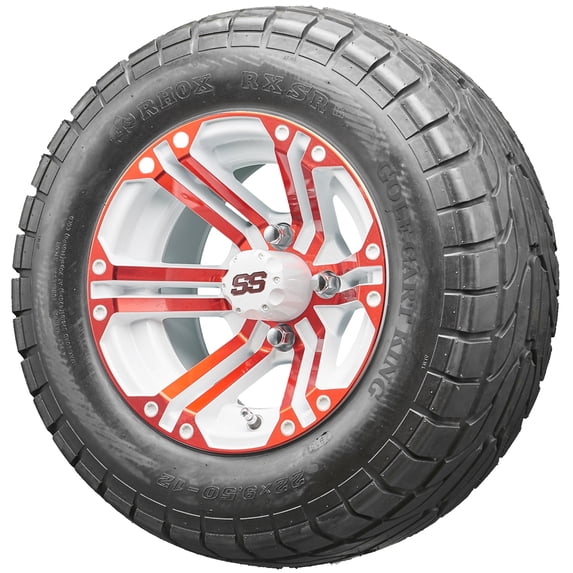 Golf Cart Wheels and Tires Combo - 12" RHOX RX334 White and Red - Set of 4