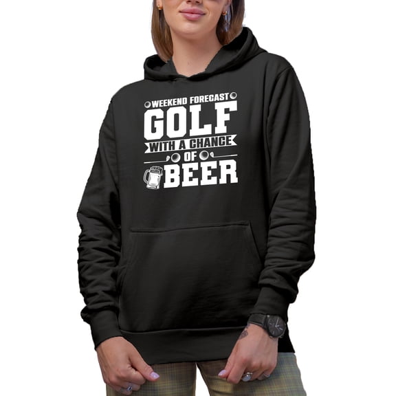 Golf with a Chance of Beer Quote with a Mug, Clubs & Balls, Golf Player, Golfing or Golfer Themed Merch Gift, Black Hooded Sweatshirt or Hoodie, Small