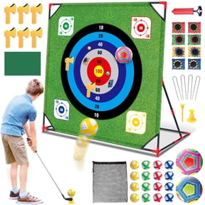 Golf Chipping Game, Golf Target Game with Hitting Mat, 12 Sticky Balls, 6 Axes, 2 Soccer Balls, 8 Bean Bags, Indoor Outdoor Golf Games for Chipping Practice for Dads Golfers