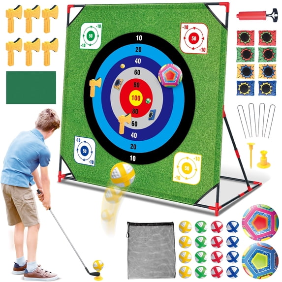 Golf Chipping Game, Golf Target Game with Hitting Mat, 12 Sticky Balls, 6 Axes, 2 Soccer Balls, 8 Bean Bags, Indoor Outdoor Golf Games for Chipping Practice for Dads Golfers